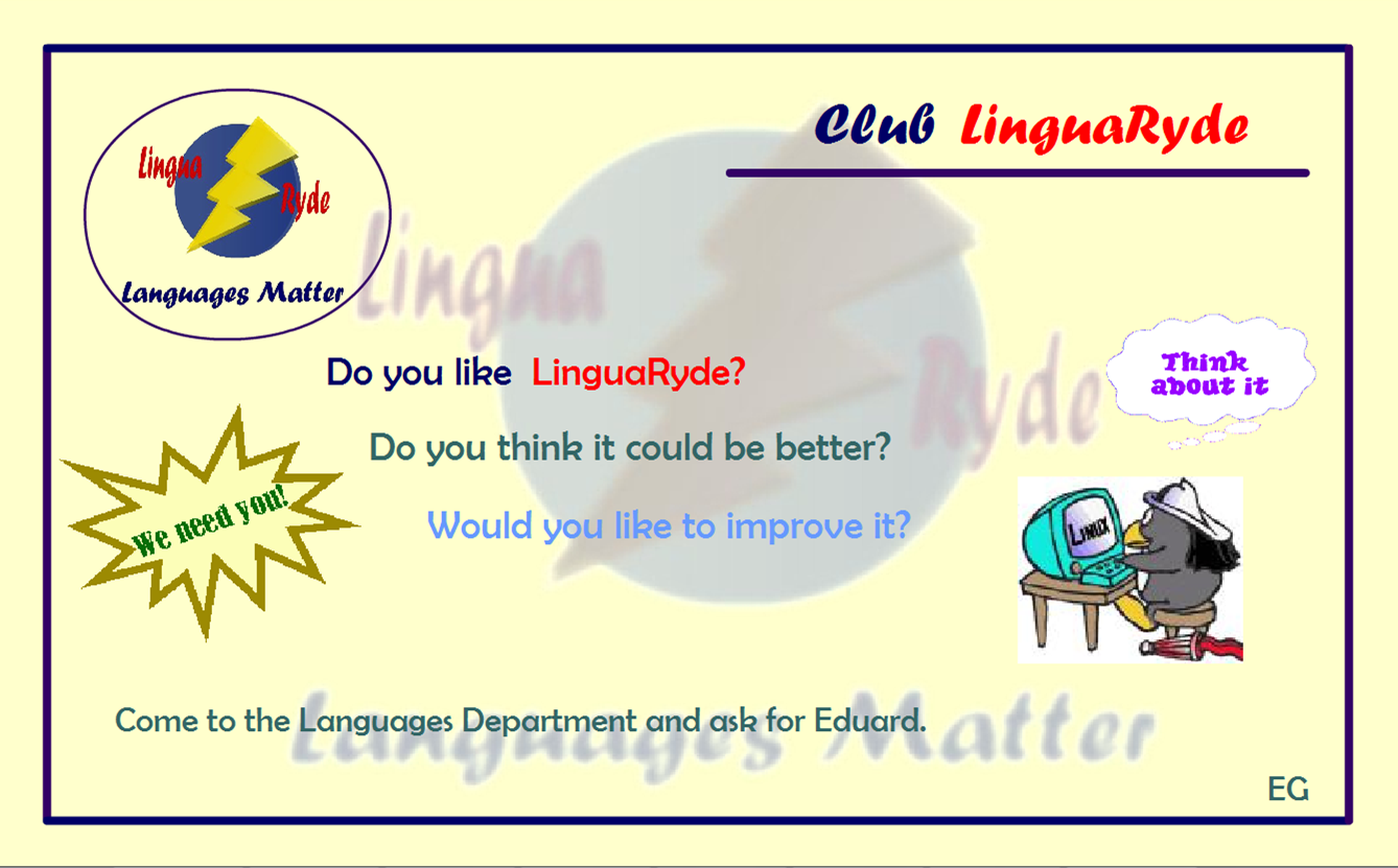 advert for a club to discuss about the linguaryde website